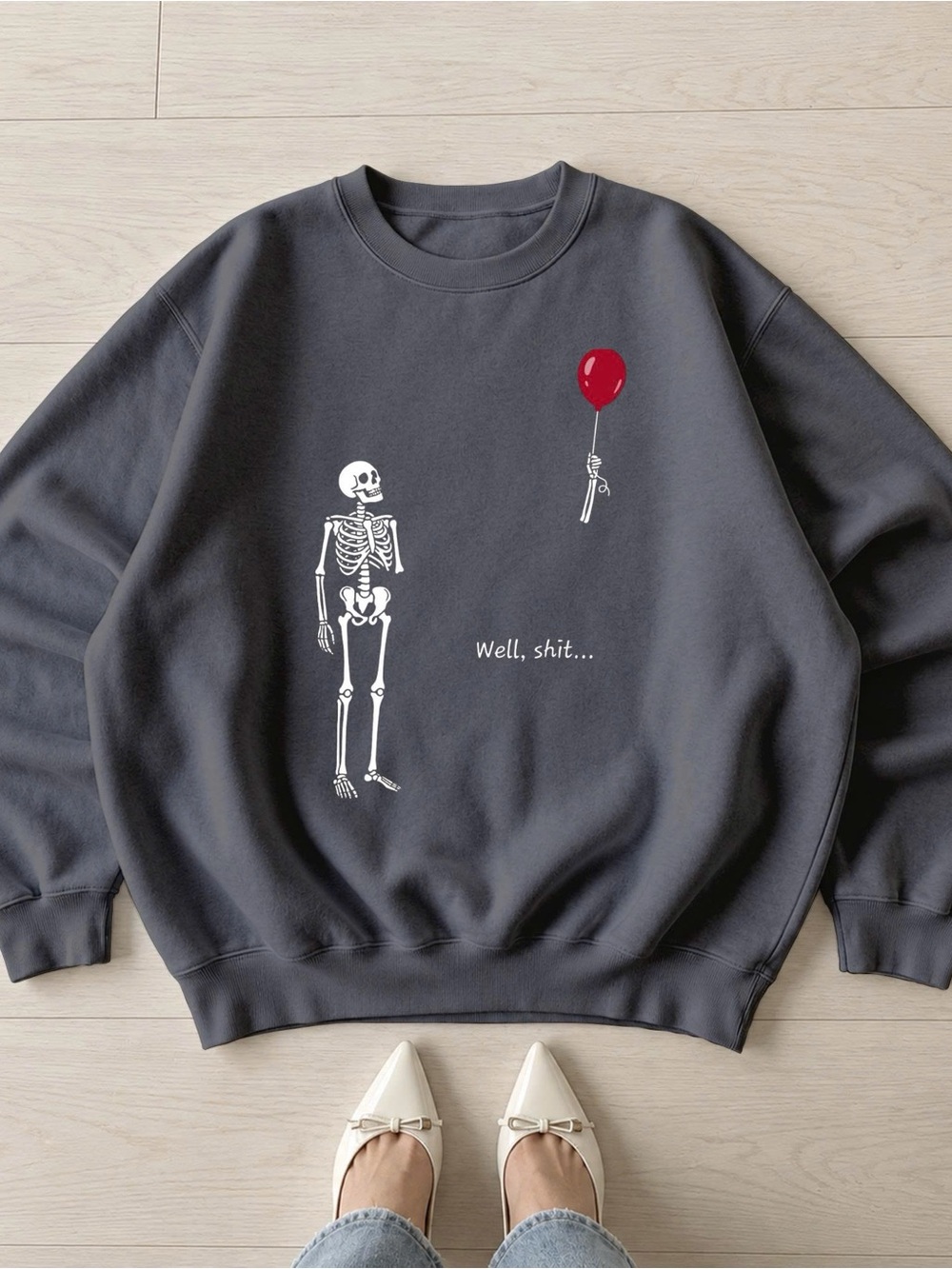 Gildan Charcoal Crewneck Sweatshirt with Skeleton & Red Balloon Graphic